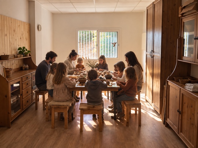 Imatge il·lustrativa amb IA de famílies creant al voltant d’una taula